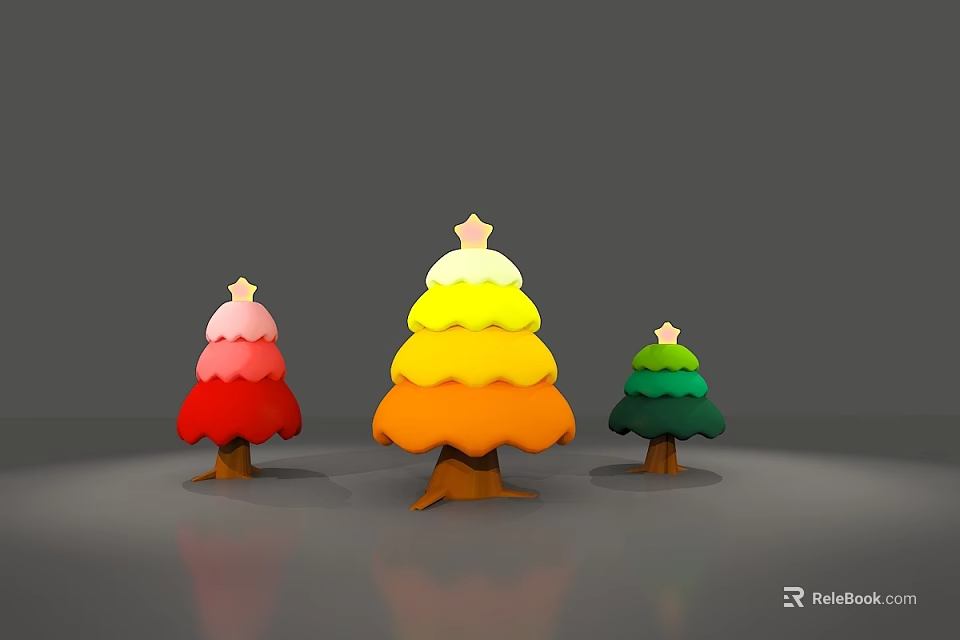 Three Colorful Gradient Christmas Trees With Star Tops And Brown Trunks 3d model 