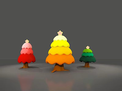 Three Colorful Gradient Christmas Trees With Star Tops And Brown Trunks 3d model