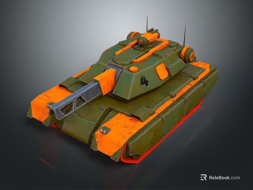 Modern Military Green Orange Armored Tank With Turret And Cannon Design 3d model 