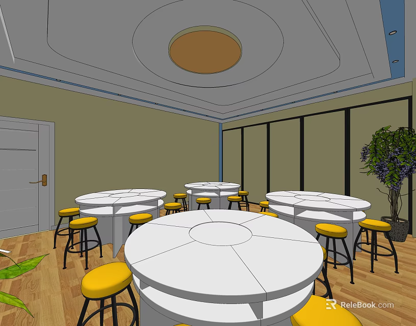 School Cafeteria With White Round Tables Yellow Bar Stools Large Windows And Wooden Flooring 3d model 