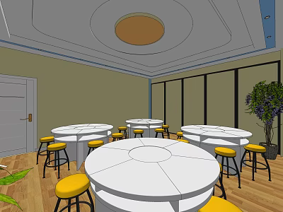 School Cafeteria With White Round Tables Yellow Bar Stools Large Windows And Wooden Flooring 3d model