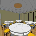 School Cafeteria With White Round Tables Yellow Bar Stools Large Windows And Wooden Flooring