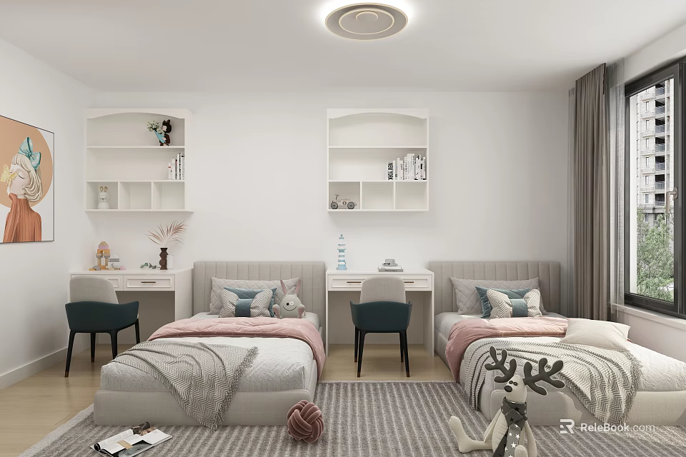 Kids Bedroom With Two Beds Desks Chairs Wall Shelves Rug And Decorative Wall Art 3d model 