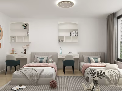 Kids Bedroom With Two Beds Desks Chairs Wall Shelves Rug And Decorative Wall Art 3d model