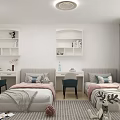 Kids Bedroom With Two Beds Desks Chairs Wall Shelves Rug And Decorative Wall Art