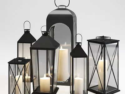 Modern Black Candle Lanterns In Various Shapes With White Candles For Home Decor 3d model