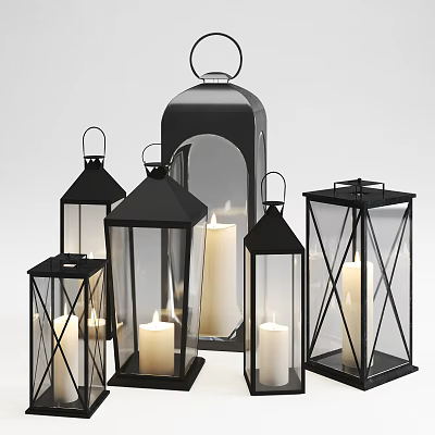 Modern Black Candle Lanterns In Various Shapes With White Candles For Home Decor 3d model