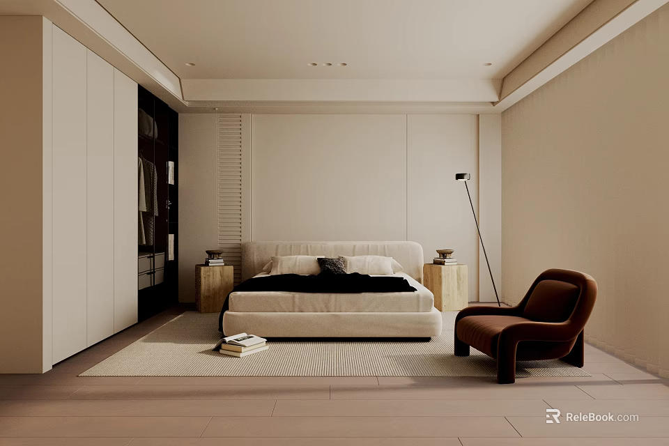 Modern Bedroom Interior With Platform Bed Wooden Flooring Brown Armchair And Built in Wardrobe 3d model 