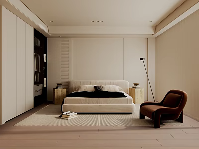 Modern Bedroom Interior With Platform Bed Wooden Flooring Brown Armchair And Built in Wardrobe 3d model