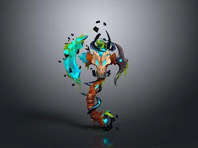 Fantasy Mythical Weapon Design With Blue Orange Glowing Elements And Broken Black Fragments 3d model