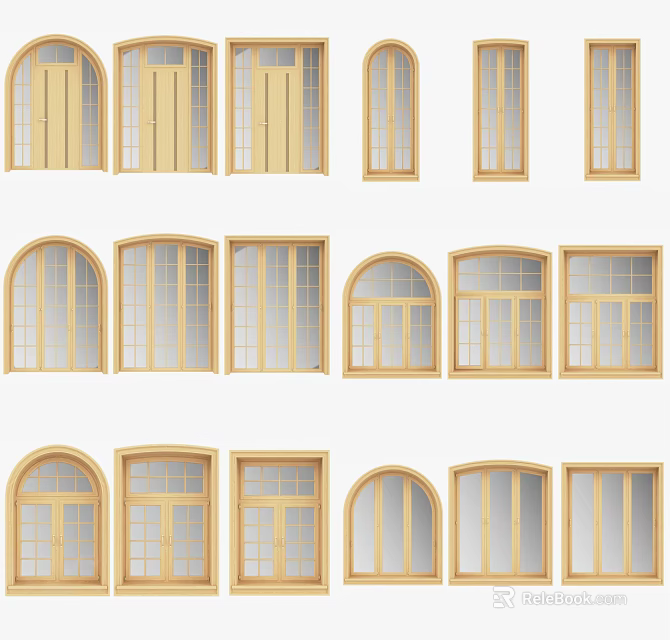 Modern Casement Windows With Wooden Frames Arched And Rectangular Styles And Glass Panes 3d model