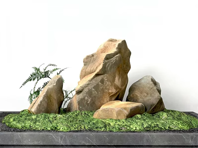 Rockery Stones Display With Green Grass And Ferns In Decorative Base 3d model