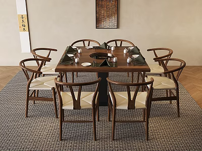 Wooden Dining Table With Curved Back Chairs Light Colored Seats Dinnerware And Rug In Interior 3d model