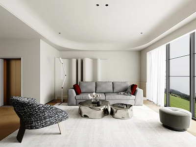 Modern Living Room Interior With Gray Sofa Red Cushions And Round Coffee Table Set 3d model