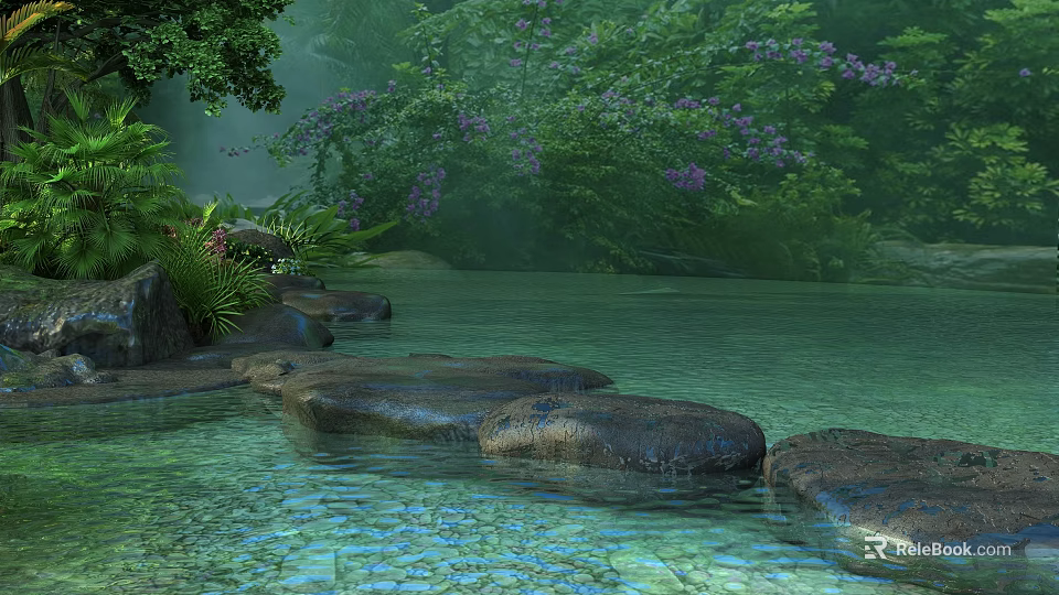 Tranquil Scenery With Clear Water Stepping Stones Lush Greenery And Purple Blooms 3d model 