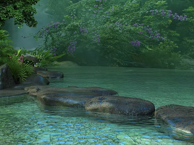 Tranquil Scenery With Clear Water Stepping Stones Lush Greenery And Purple Blooms 3d model