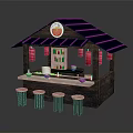 Traditional Restaurant Stall With Blue Roof Red Lanterns Bar Counter And Stools