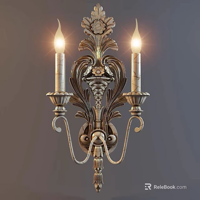 Ornate Vintage Wall Sconce With Brass Metal Carved Decorative Double Light Fixtures 3d model 