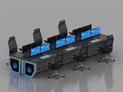 Modern Monitoring Room With Control Console Multiple Blue Display Monitors And Office Chairs 3d model
