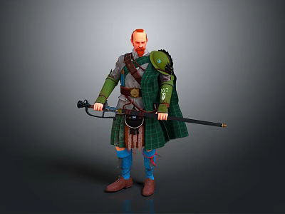 Scots Warrior In Green Kilt And Armor With Red Hair Holding Long Sword 3d model