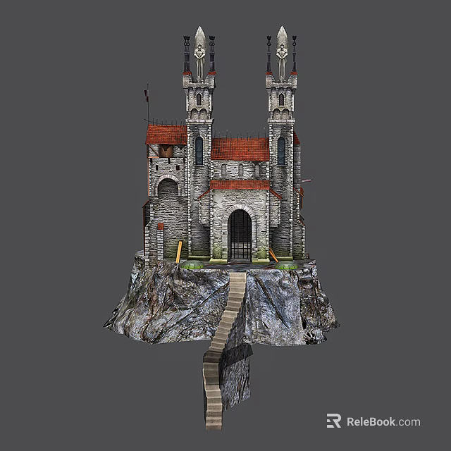 Cartoon Castle Scene Featuring Twin Towers Red Roofs On Rocky Platform With Pathway 3d model 