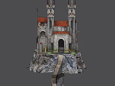 Cartoon Castle Scene Featuring Twin Towers Red Roofs On Rocky Platform With Pathway 3d model