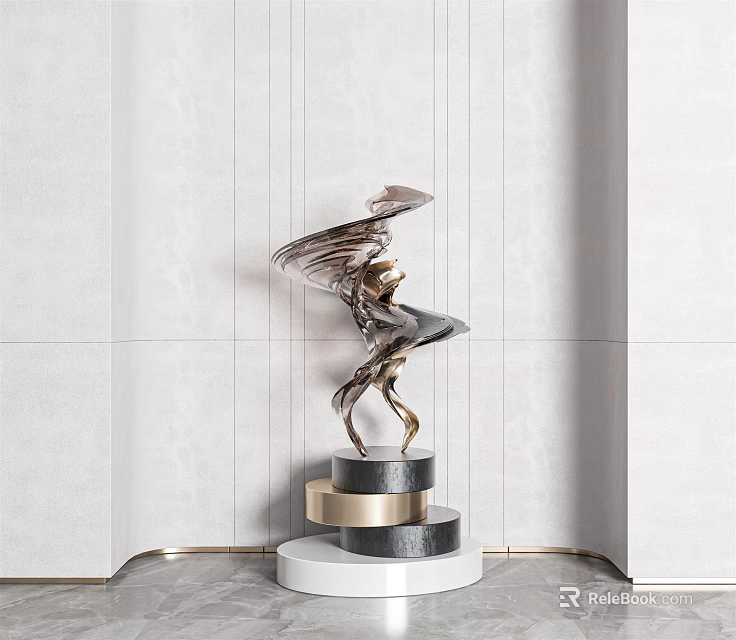Modern Metallic Abstract Sculpture With Flowing Form And Multi Layered Black White Gold Base 3d model 