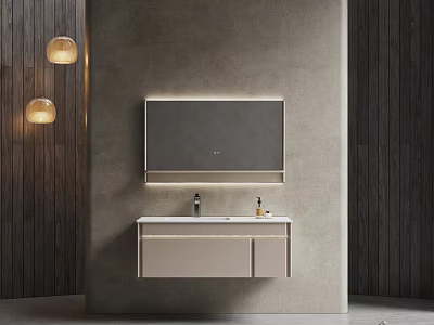 Modern Bathroom Vanity Unit With Mirror Pendant Lights And Gray Wooden Walls 3d model
