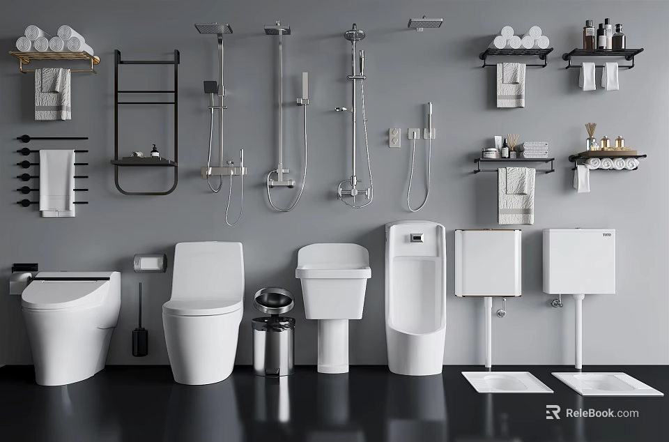 Modern Toilet And Bathroom Fixtures Display With Urinals Shelves Towels And Toiletries 3d model 