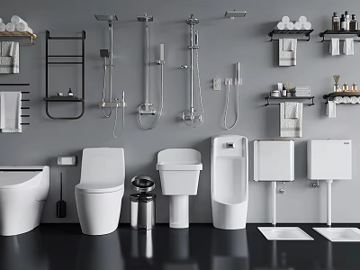 Modern Toilet And Bathroom Fixtures Display With Urinals Shelves Towels And Toiletries 3d model