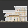 Cartoon Style Two Story House With White Roof Yellow Trim Balconies Lawn Bench Potted Plants
