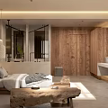 Hotel Guest Room Minimalist Interior With Wooden Bed Geometric Wall Hanging And Ambient Lighting