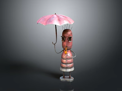 Cute Anthropomorphic Potato Character Standing Holding Pink Umbrella With Antennae And Striped Dress 3d model