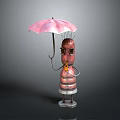 Cute Anthropomorphic Potato Character Standing Holding Pink Umbrella With Antennae And Striped Dress