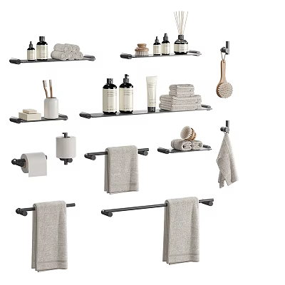 Essential Washing Daily Supplies Including Towels Bath Products Toilet Paper Holders and Storage Racks 3d model