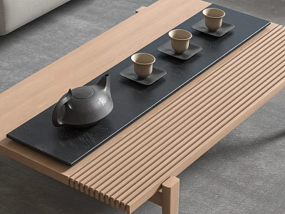 Modern Minimalist Wooden Tea Set with Teapot and Teacups on Tray 3d model