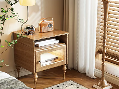 Wooden Nightstand With Table Lamp Vintage Radio And Books In Cozy Bedroom 3d model