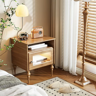 Wooden Nightstand With Table Lamp Vintage Radio And Books In Cozy Bedroom 3d model