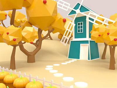 Cartoon Scene with Yellow Trees Red Fruits Blue Windmill Pumpkins White Fence and Stone Path 3d model