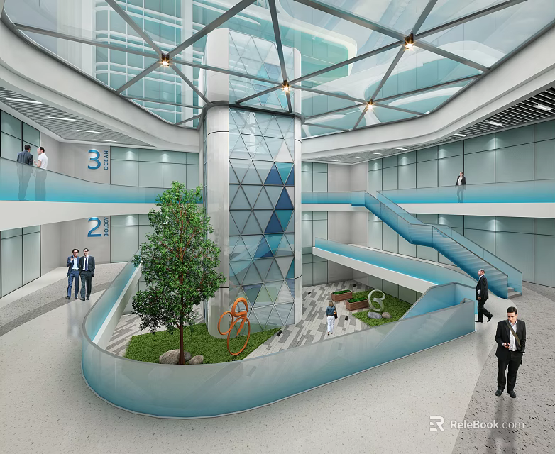Modern Atrium Space With Glass Roof Geometric Pillar Green Tree And Staircase 3d model 