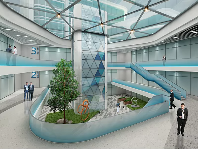 Modern Atrium Space With Glass Roof Geometric Pillar Green Tree And Staircase 3d model