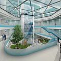 Modern Atrium Space With Glass Roof Geometric Pillar Green Tree And Staircase