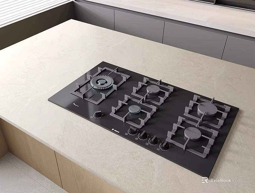 Modern Kitchen Black Gas Stove With Multiple Burners On Light Countertop And Cabinets 3d model 