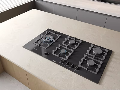 Modern Kitchen Black Gas Stove With Multiple Burners On Light Countertop And Cabinets 3d model