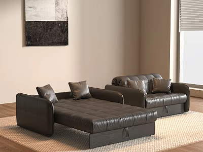 Modern Black Leather Two-Seater Sofa In Living Room With Wooden Floor And Wall Art 3d model