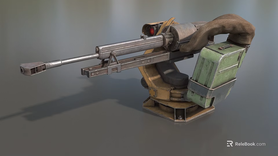 Heavy Mounted Weapon With Metal Barrel Green Ammo Box Red Sight And Stable Stand 3d model 