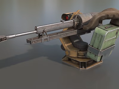 Heavy Mounted Weapon With Metal Barrel Green Ammo Box Red Sight And Stable Stand 3d model