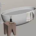 Modern White Bathtub with Wooden Stool Essential Oil Bottle Towel and Faucet