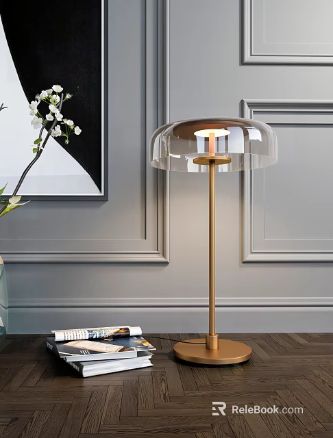 Modern Gold Base Table Lamp With Transparent Lampshade On Gray Paneled Wall 3d model 