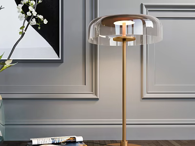 Modern Gold Base Table Lamp With Transparent Lampshade On Gray Paneled Wall 3d model